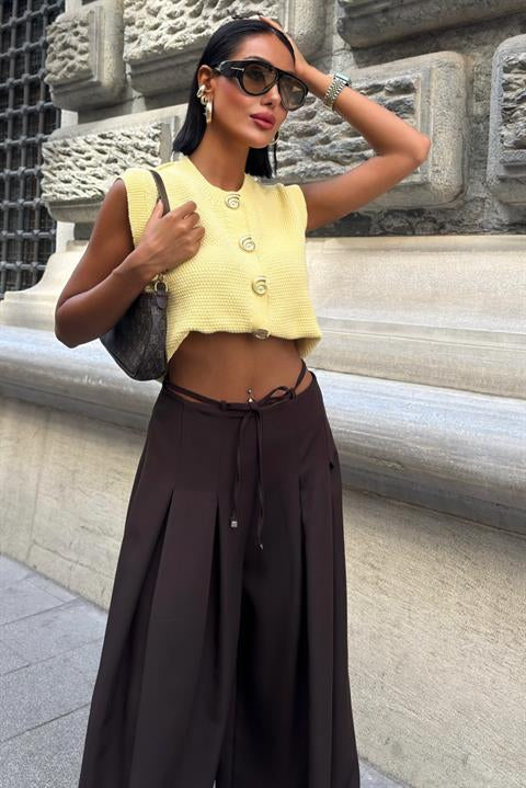 Bel Bağlama Detaylı Pileli Salaş Pantolon 0084