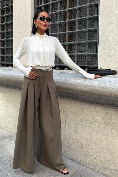 Bel Bağlama Detaylı Pileli Salaş Pantolon 0084