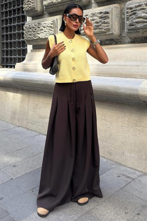 Bel Bağlama Detaylı Pileli Salaş Pantolon 0084