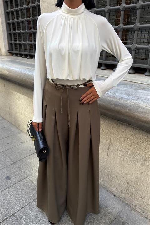 Bel Bağlama Detaylı Pileli Salaş Pantolon 0084