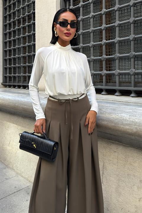 Bel Bağlama Detaylı Pileli Salaş Pantolon 0084