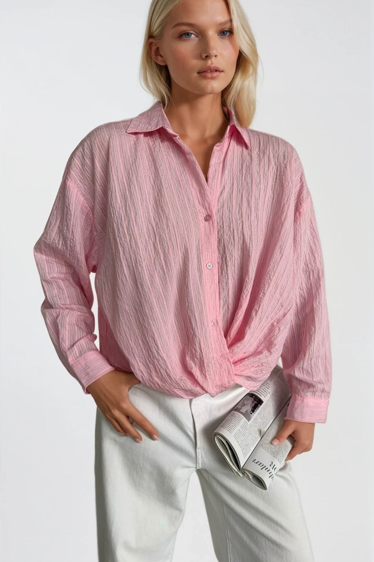 Elasticated Waist Textured Modal Shirt - Pink
