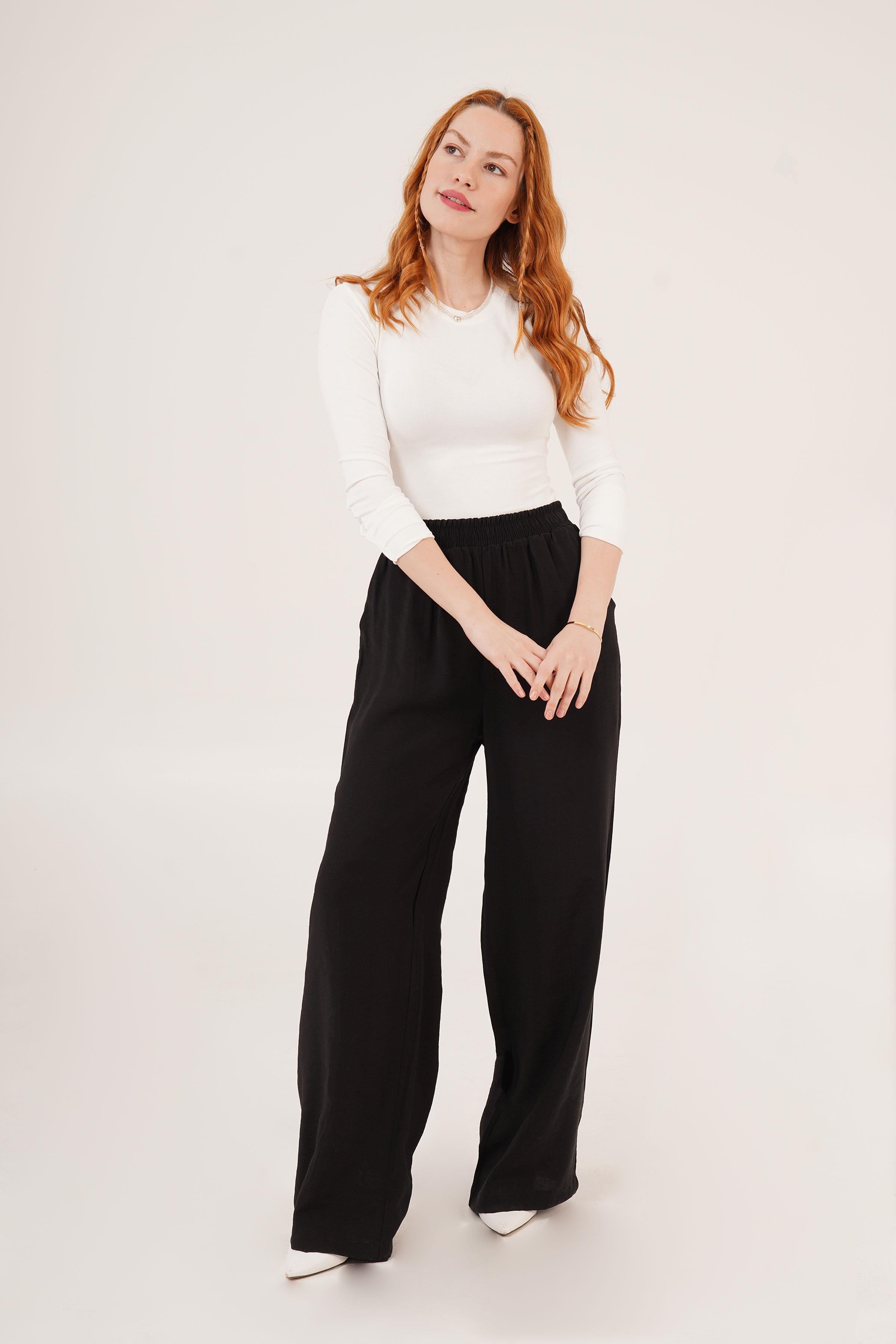 Bel Lastikli Çift Cepli Siyah Toptan Pantolon