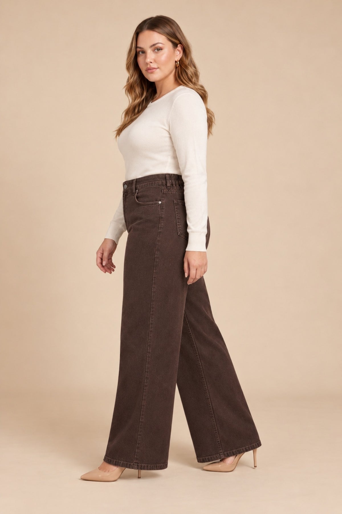 Beli Lastikli Bol Paça Büyük Beden Kot Pantolon Kahve