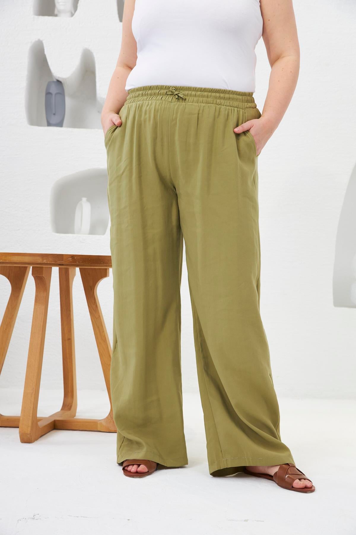Beli Lastikli Geniş Paça Büyük Beden Pantolon Oliv