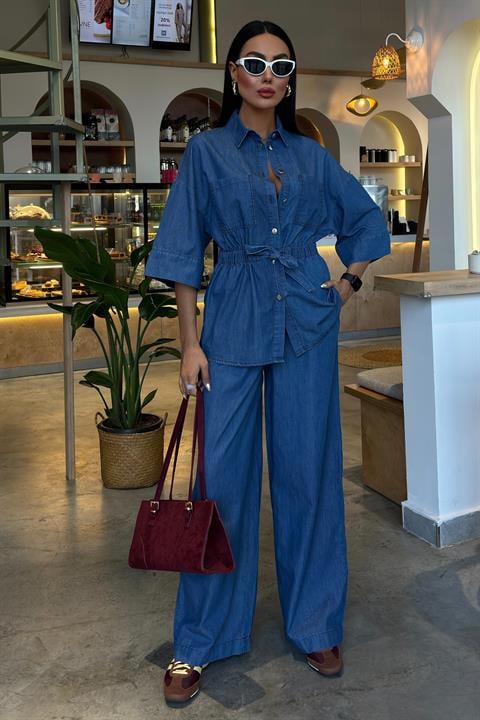 Beli Lastikli ve Kuşaklı Denim Takım 10021