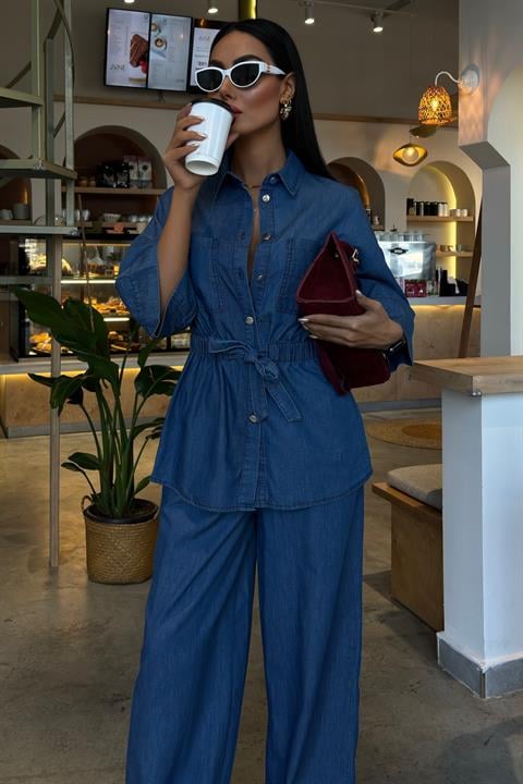 Beli Lastikli ve Kuşaklı Denim Takım 10021 İNDİGO L