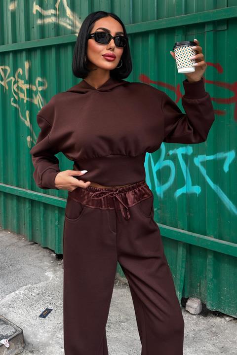 Beli Saten Detaylı Kapüşonlu Modal Takım 10242