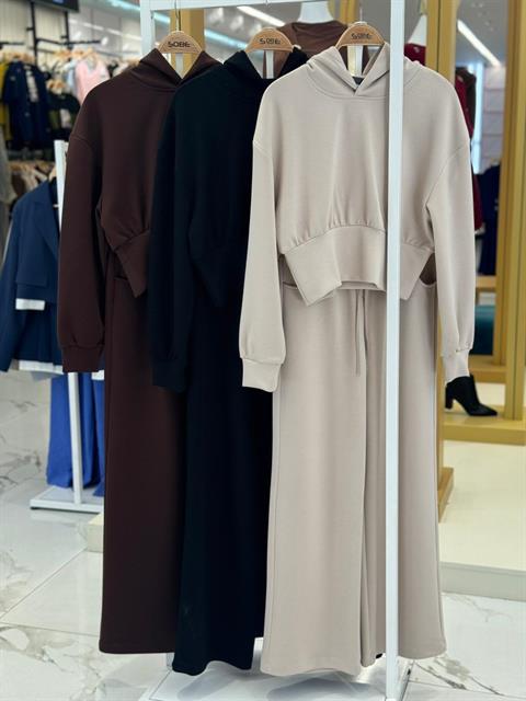 Beli Saten Detaylı Kapüşonlu Modal Takım 10242
