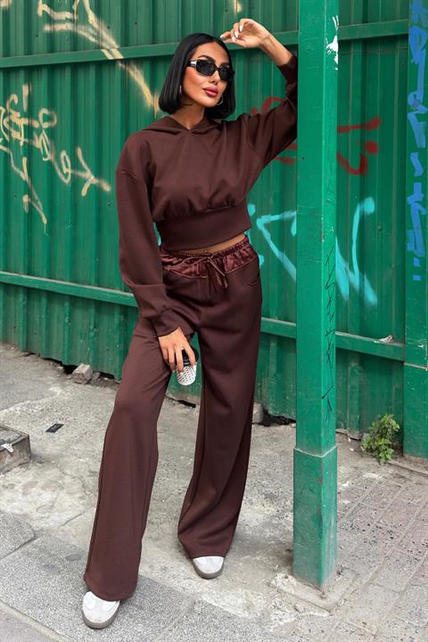 Beli Saten Detaylı Kapüşonlu Modal Takım 10242