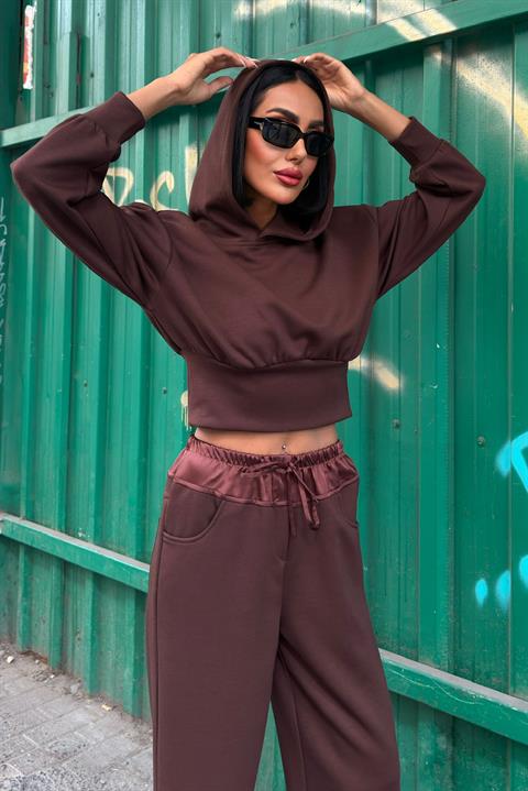 Beli Saten Detaylı Kapüşonlu Modal Takım 10242