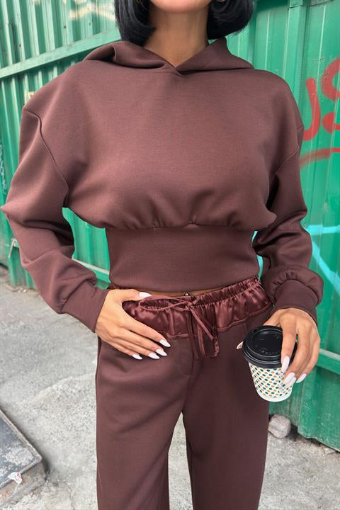 Beli Saten Detaylı Kapüşonlu Modal Takım 10242