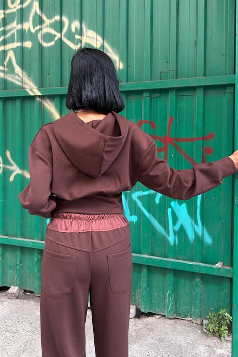 Beli Saten Detaylı Kapüşonlu Modal Takım 10242