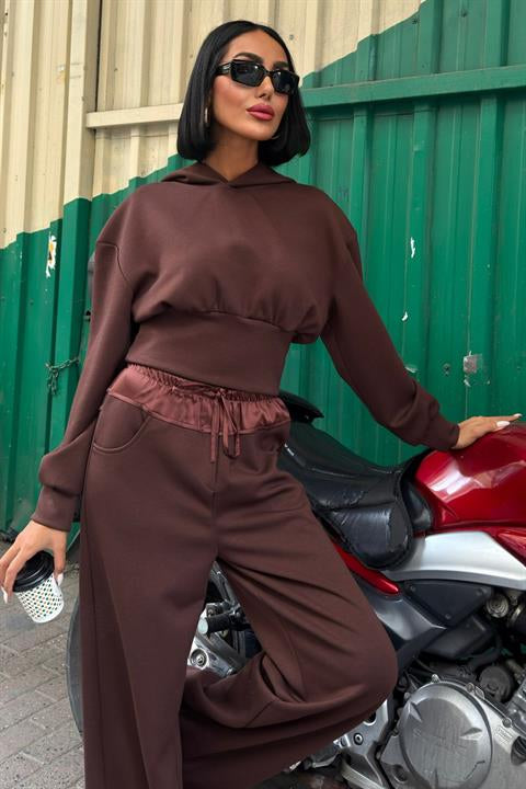 Beli Saten Detaylı Kapüşonlu Modal Takım 10242