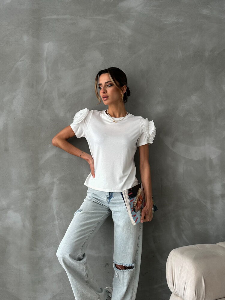 Topshow Beyaz Omuzları Güllü Toptan T Shirt