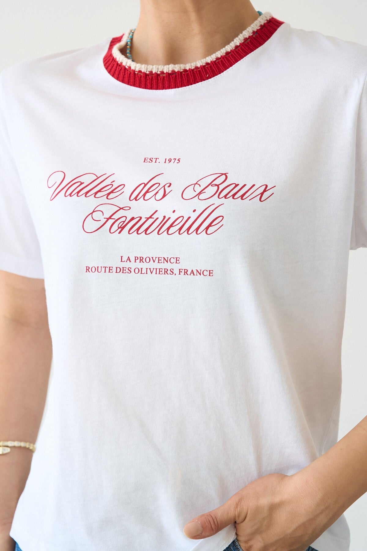 Beyaz-Kırmızı Baskılı T-Shirt
