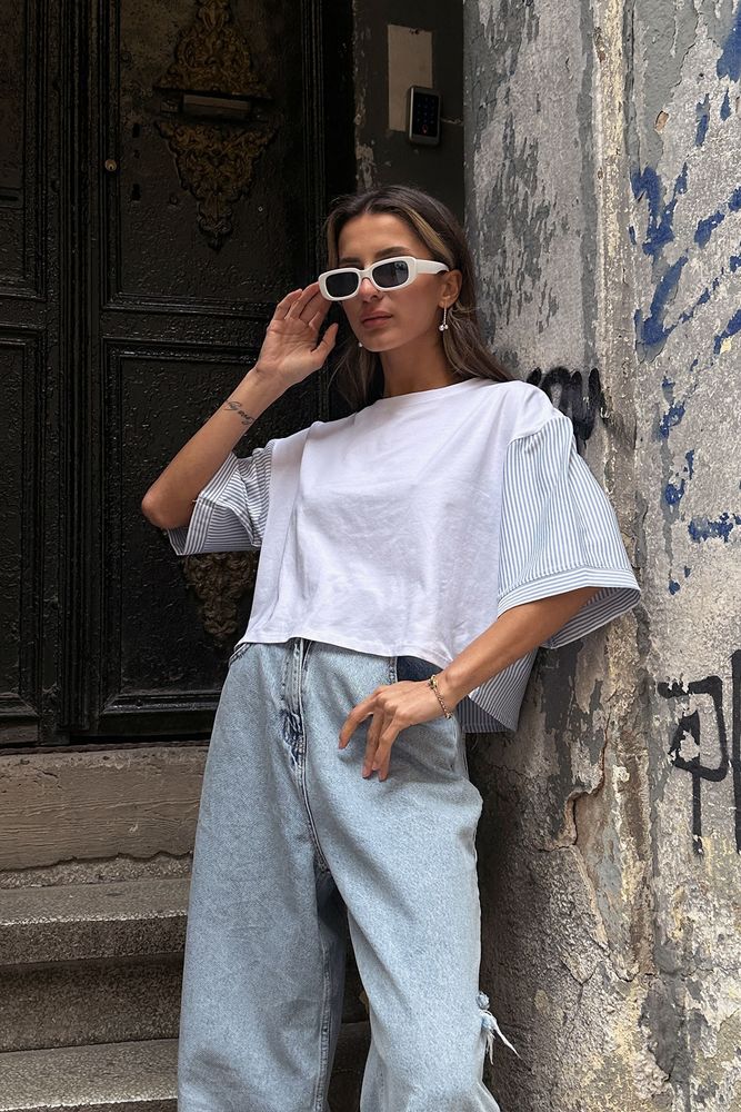 Topshow Beyaz Mavi Garnili Crop Toptan Bluz