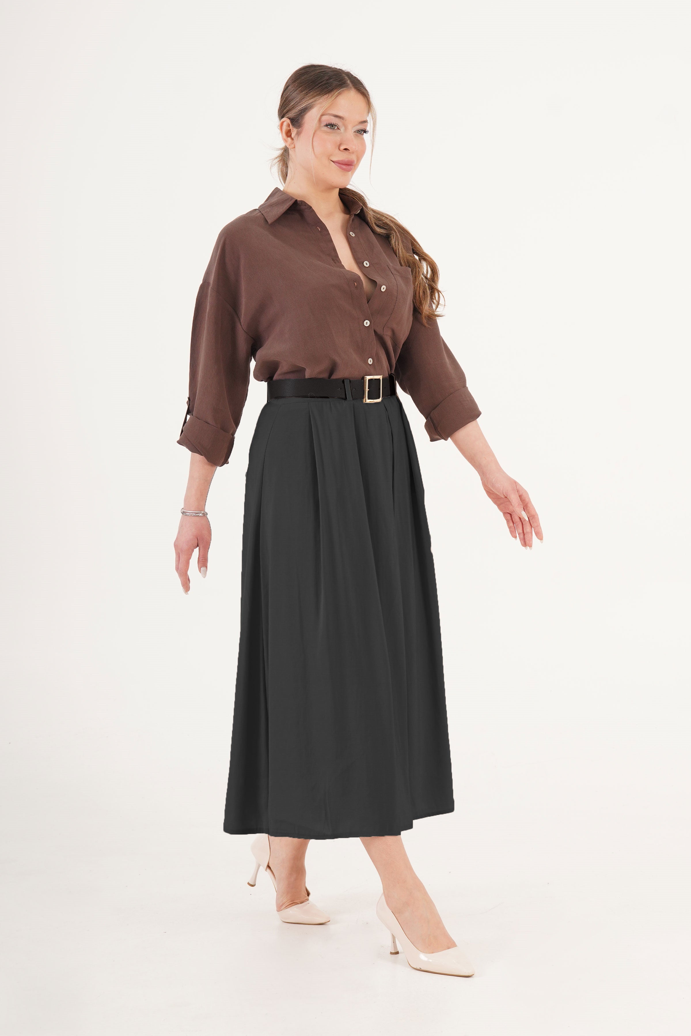 Kemerli Pilili Siyah Midi Toptan Etek Siyah S