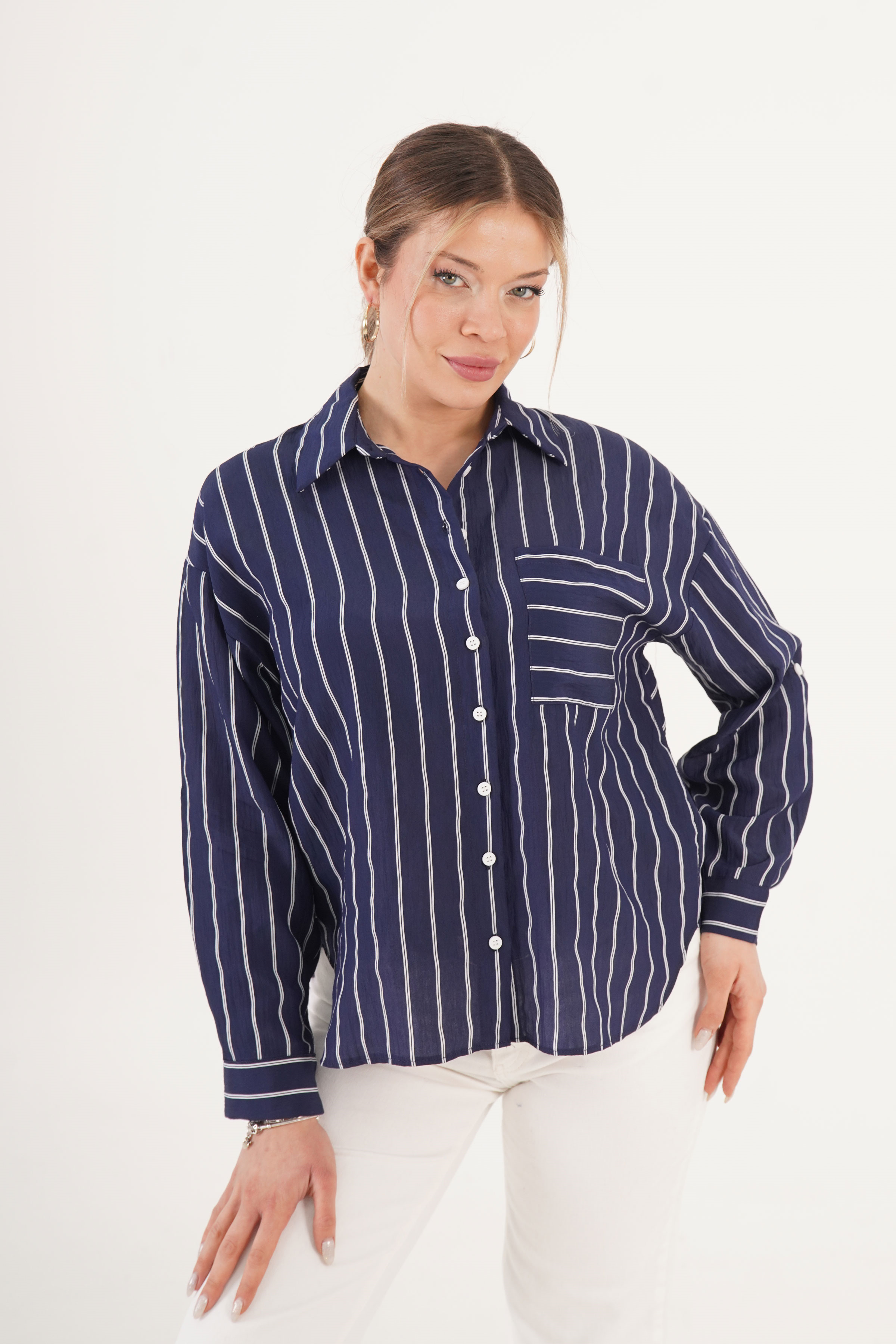 Cepli Çift Çizgili Dökümlü İndigo Toptan Gömlek