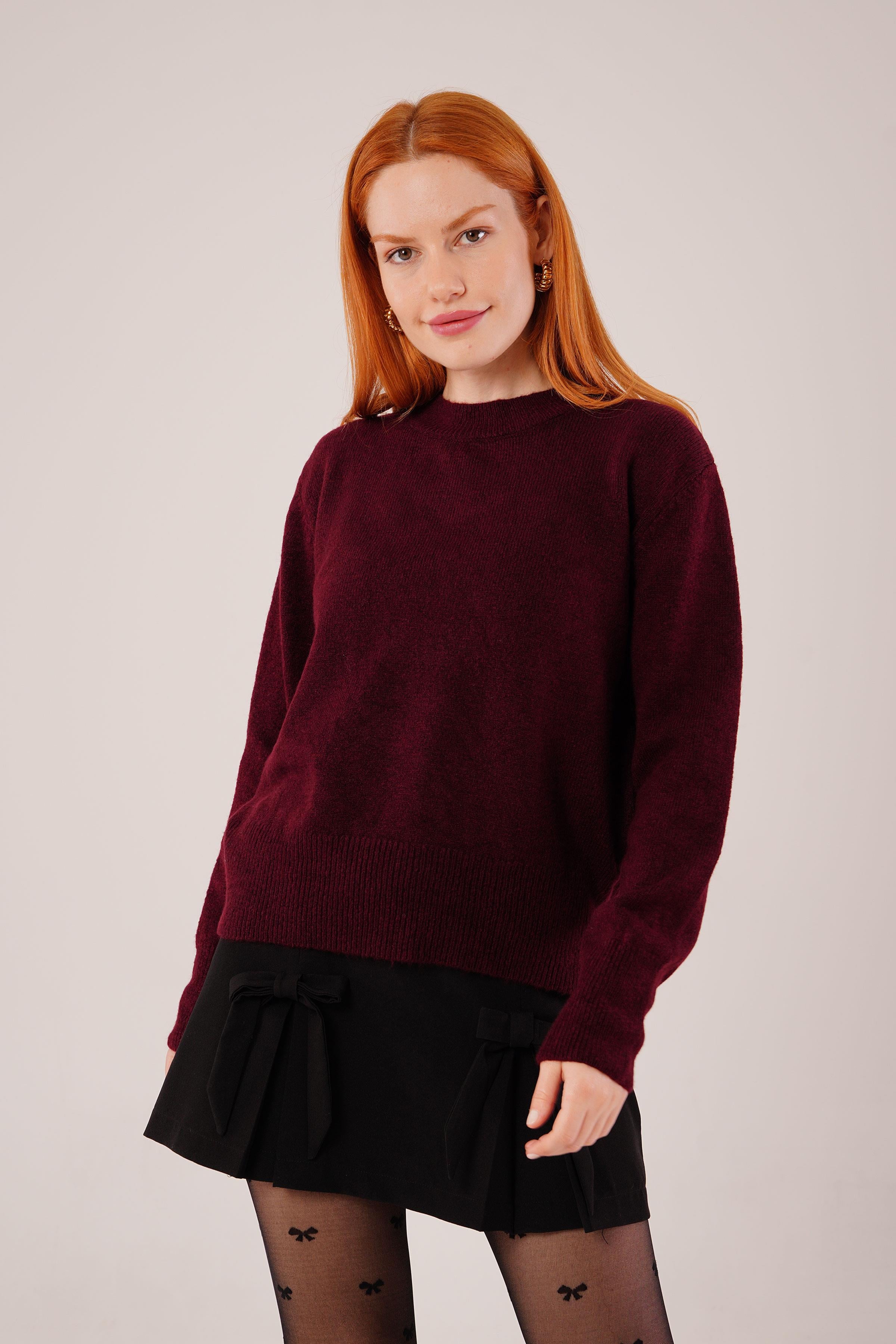 Bisiklet Yaka Düz Model Bordo Triko Toptan Kazak Bordo STD