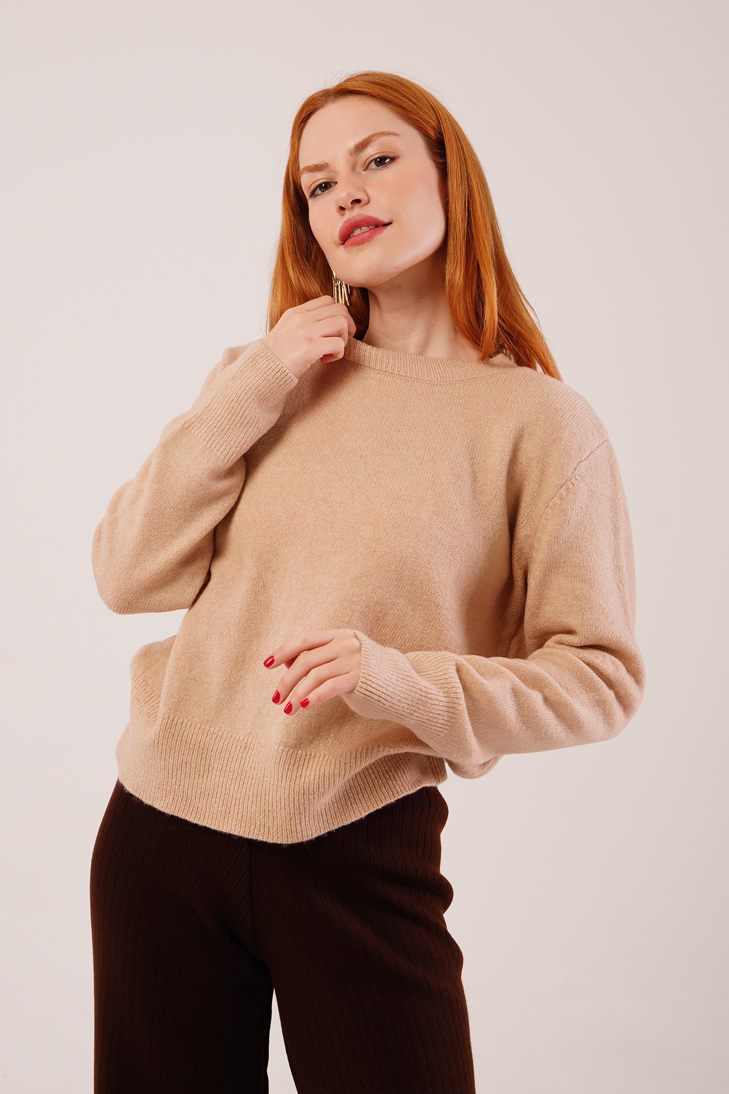 Bisiklet Yaka Düz Model Camel Triko Toptan Kazak Camel STD