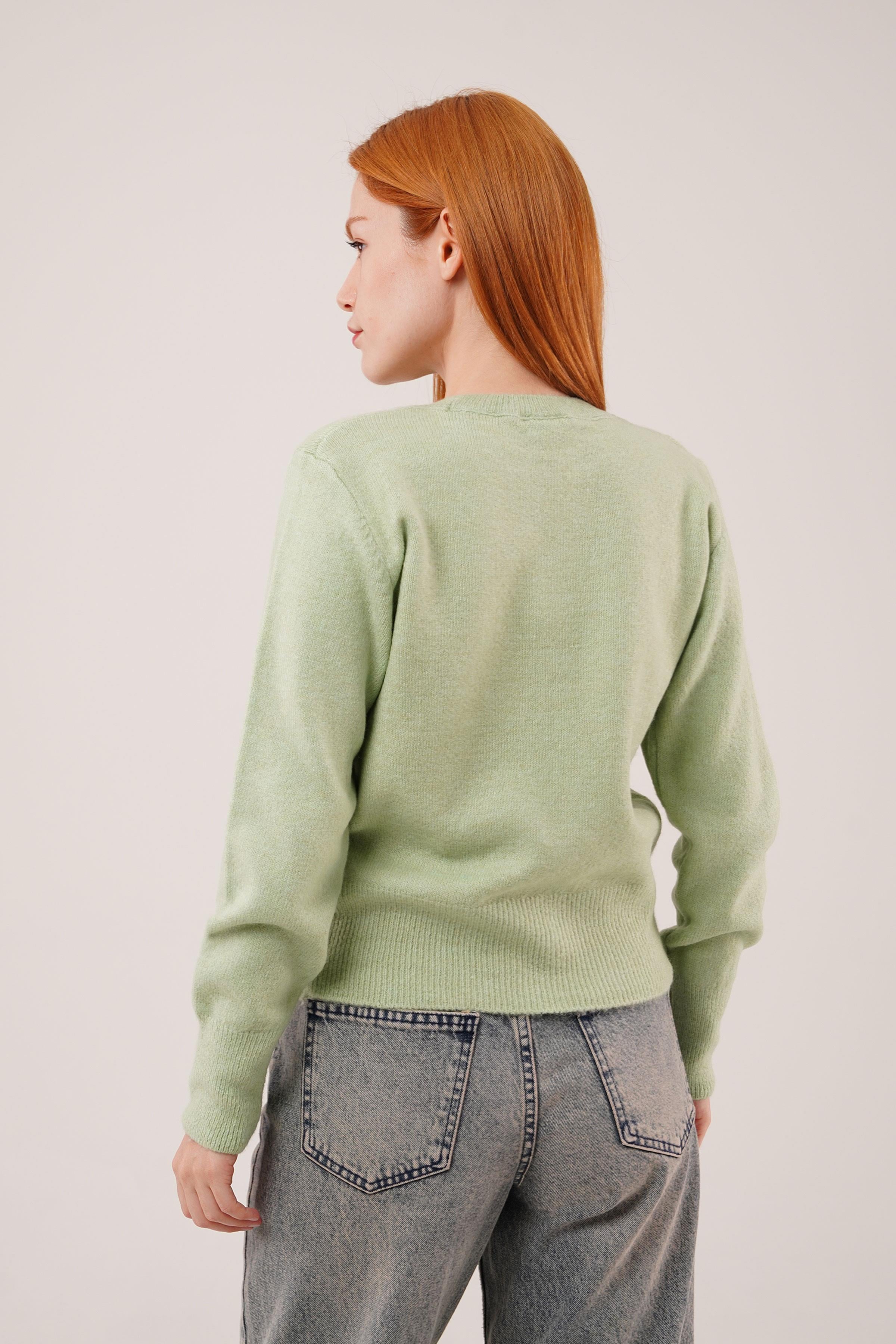 Bisiklet Yaka Düz Model Toptan Fıstık Yeşili Kazak