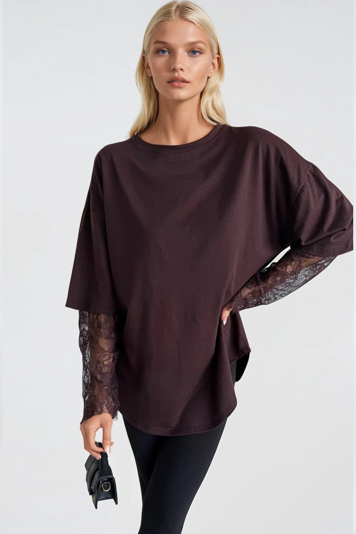 Bisiklet Yaka Kol Dantel Detay Oversize T-Shirt - Siyah