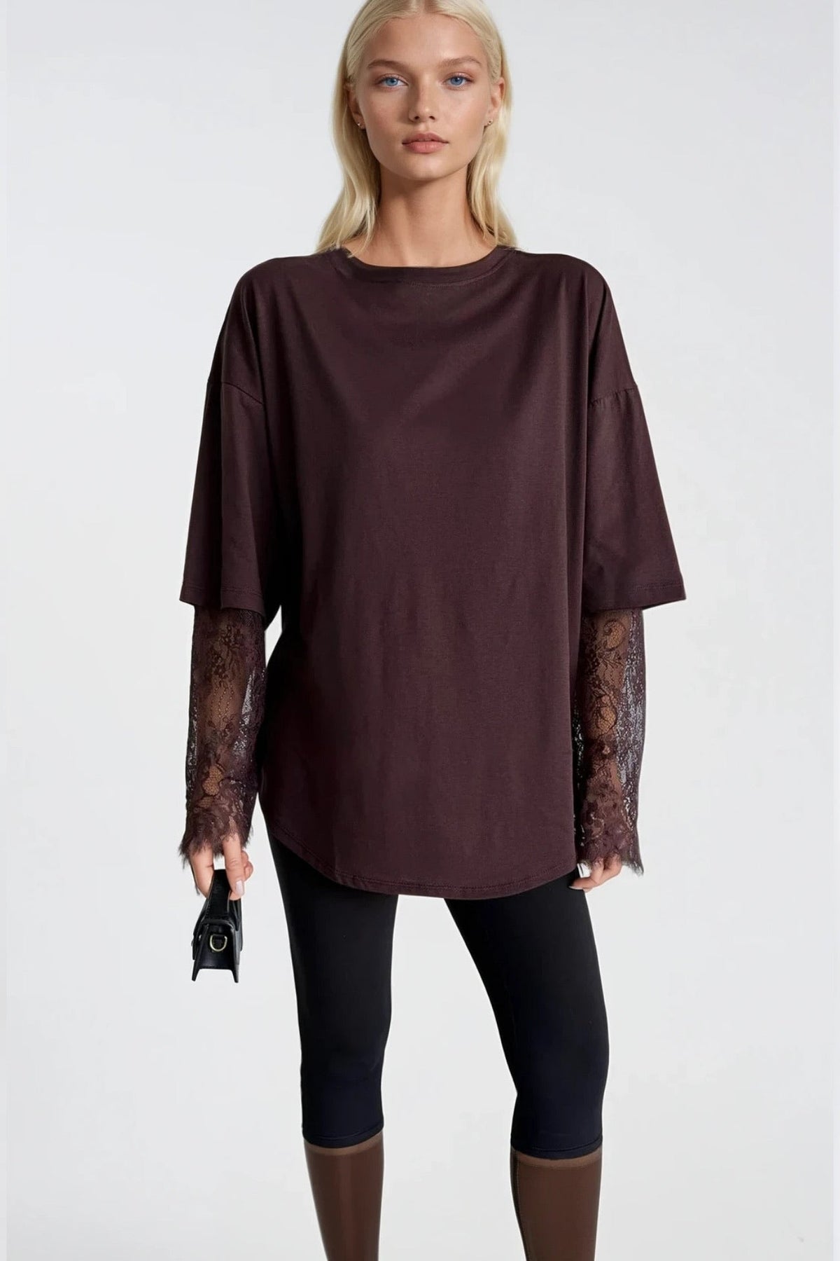 Bisiklet Yaka Kol Dantel Detay Oversize T-Shirt - Beyaz