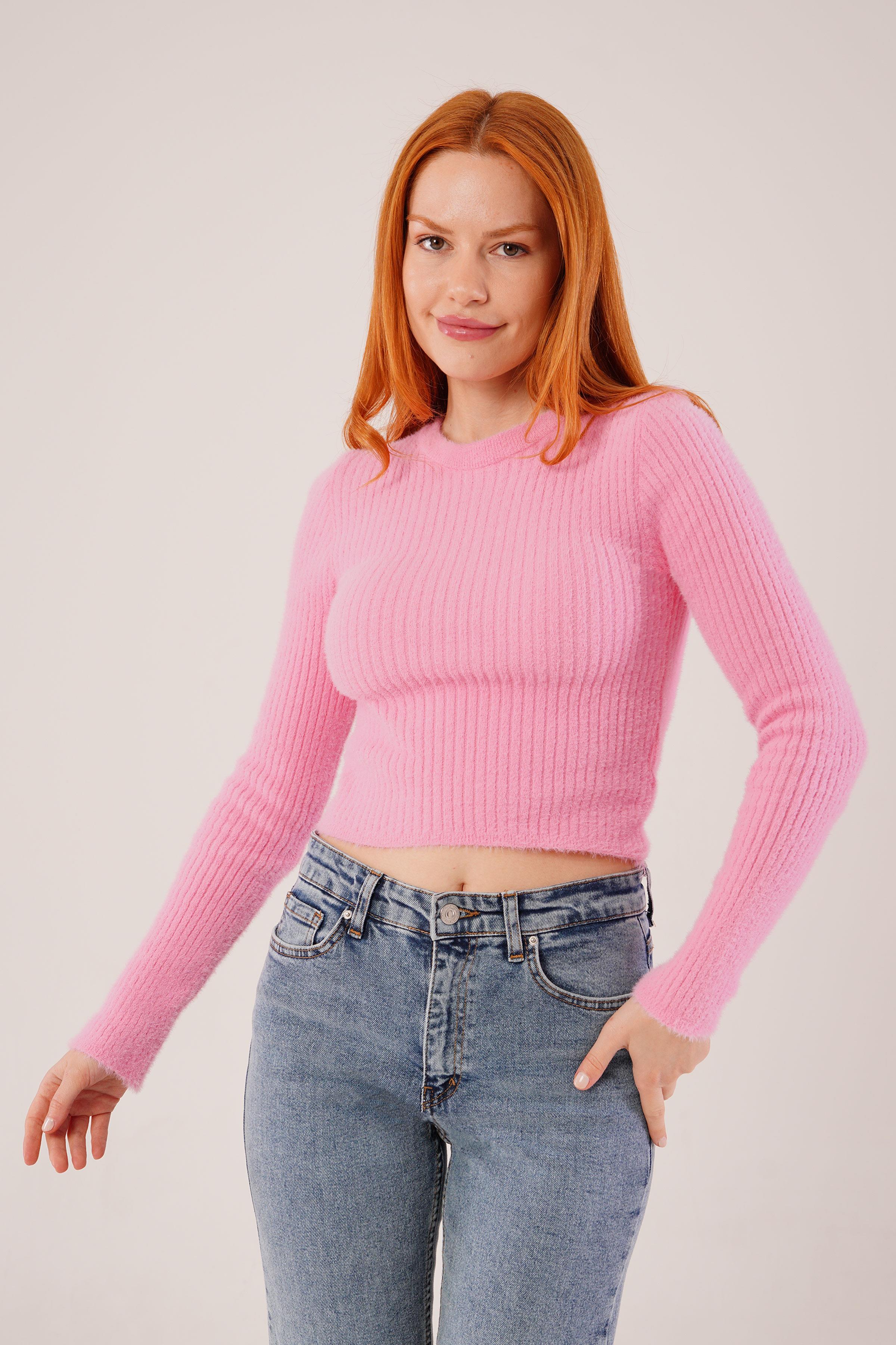 Bisiklet Yaka Yumoş Pembe Toptan Kazak