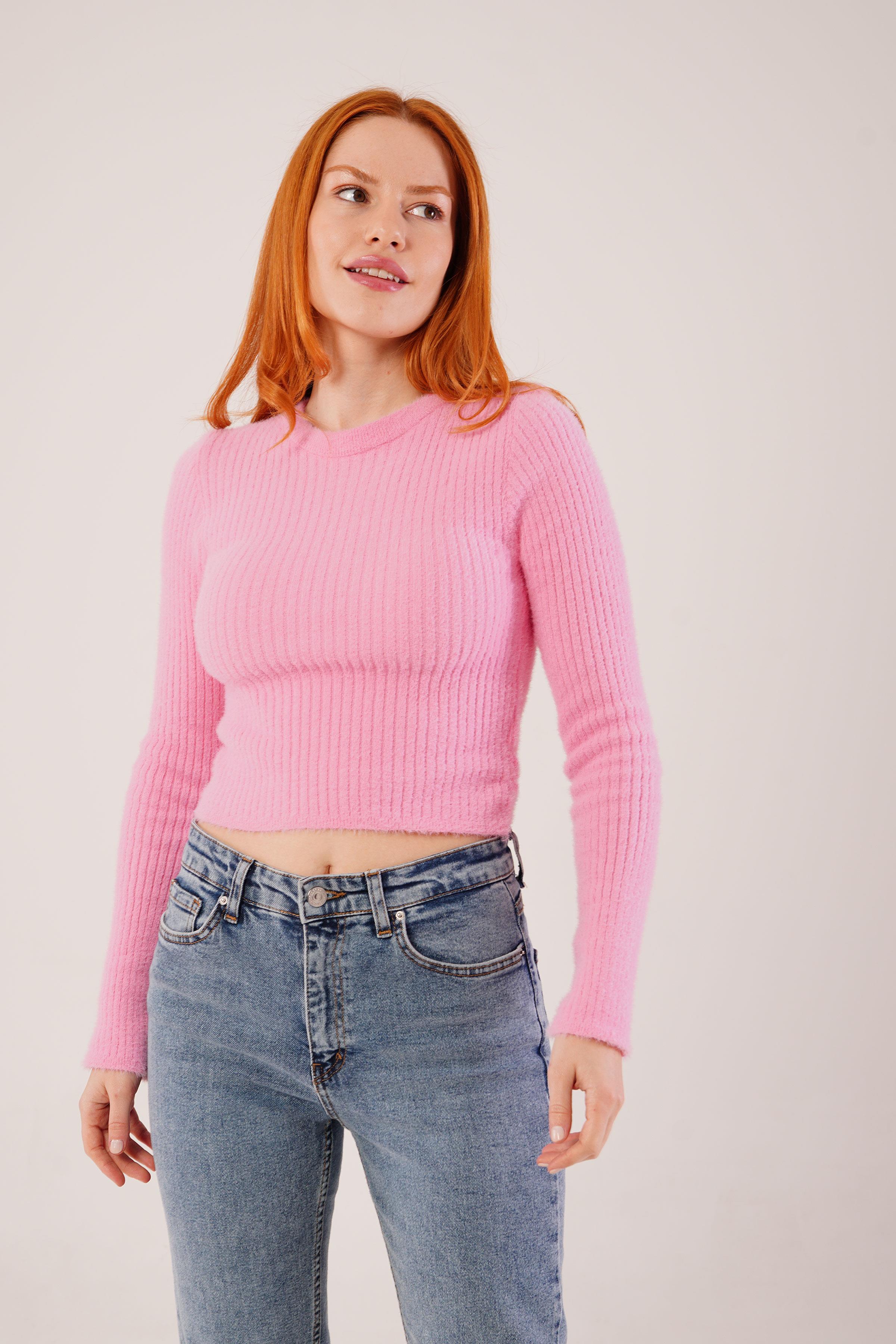 Bisiklet Yaka Yumoş Pembe Toptan Kazak Pembe STD