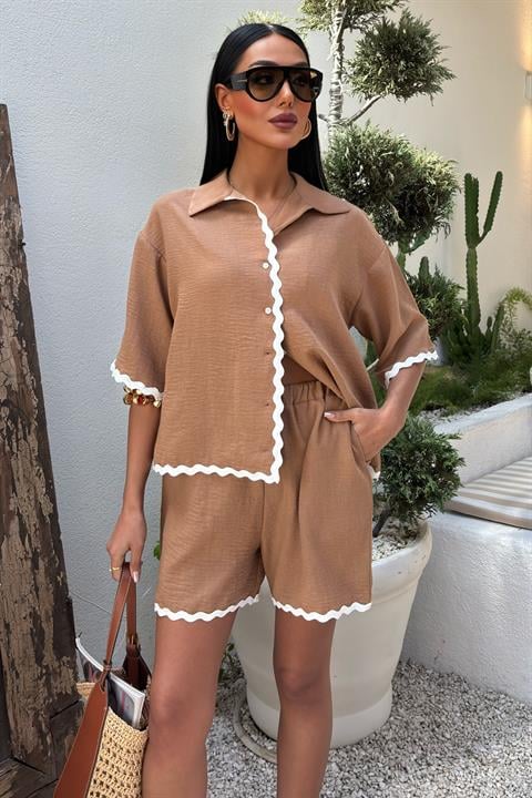 Biye Detaylı Şortlu Keten Takım 10123 CAMEL S