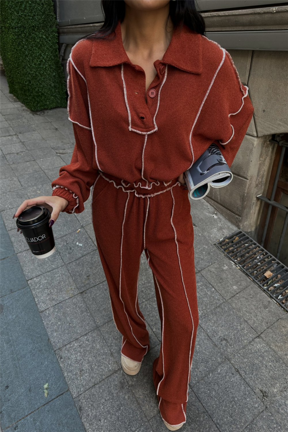 BİYELİ BLUZ PANTOLON TAKIM ŞÖNİL KUMAŞ - Kiremit