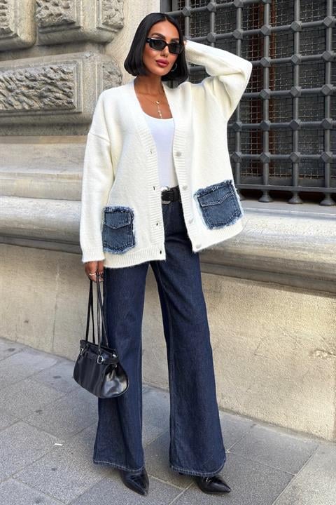 Blanc Denim Detaylı Triko Hırka 5187 EKRU STD