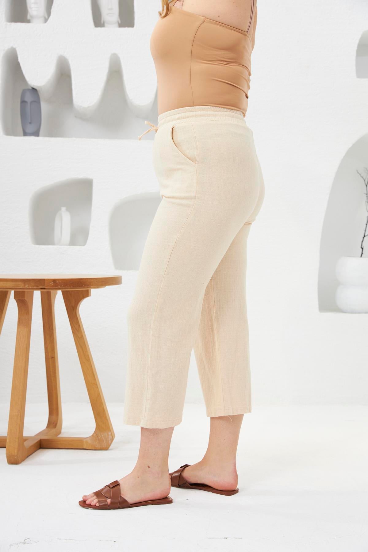 Bol Paça Büyük Beden Pamuklu Pantolon Kapri Krem