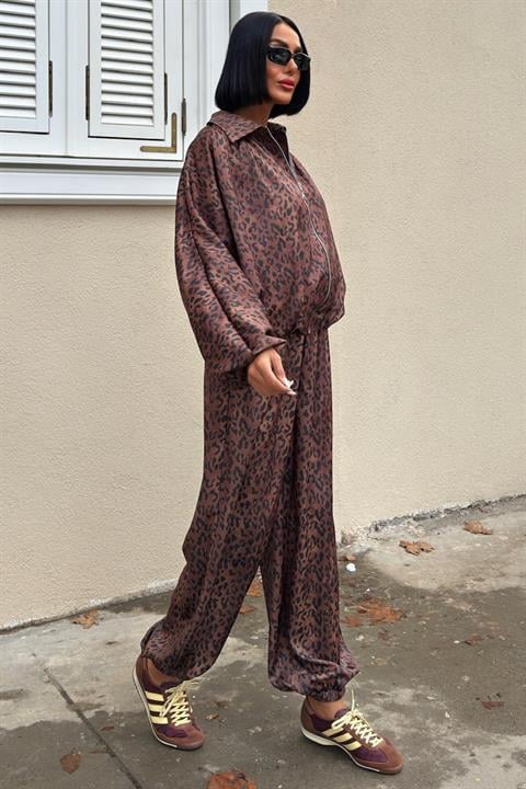 Bomber Ceket ve Şalvar Pantolonlu Leopar Desen Saten Takım 10276