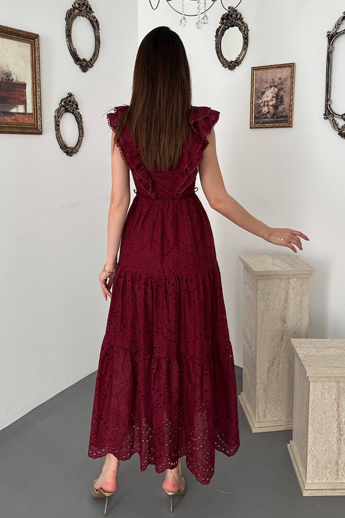 Bordo Fırfırlı Düğmeli Elbise