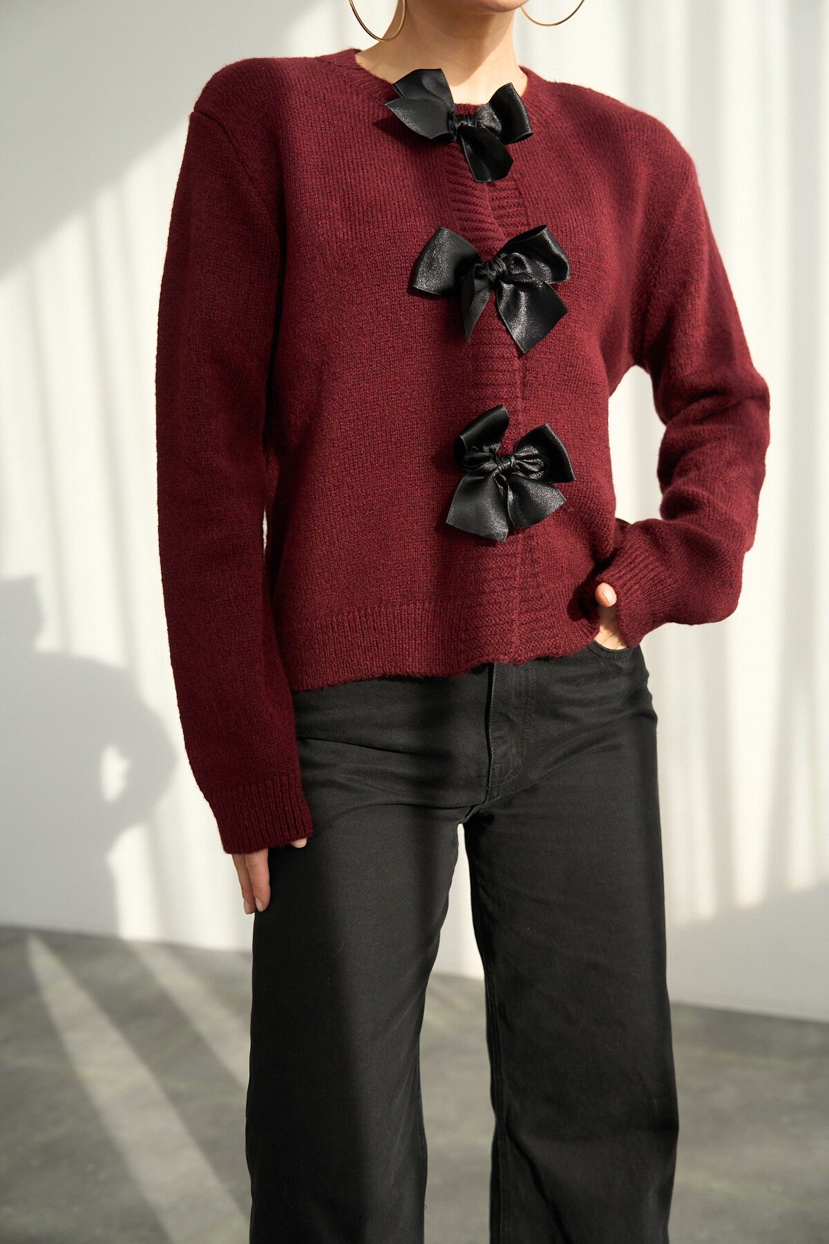 Burgundy Cardigan with Bow Detail