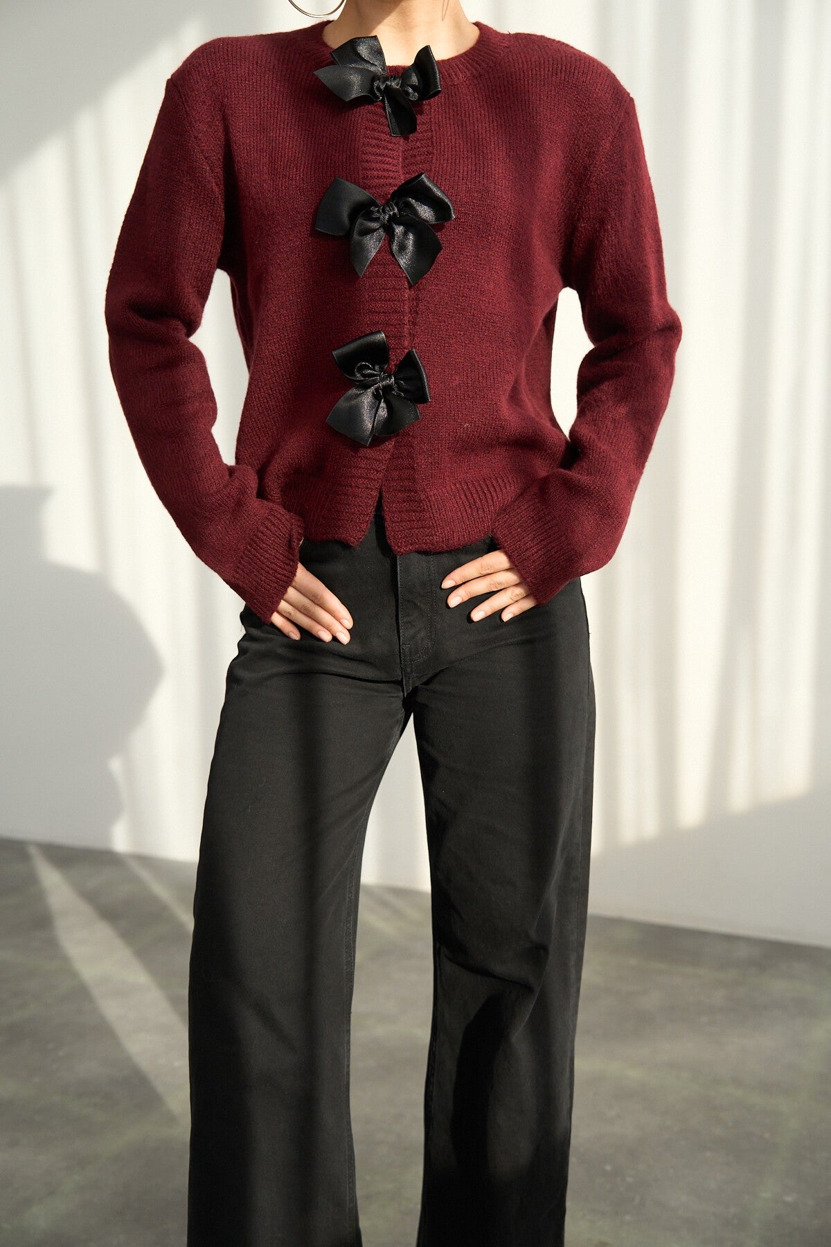 Burgundy Cardigan with Bow Detail