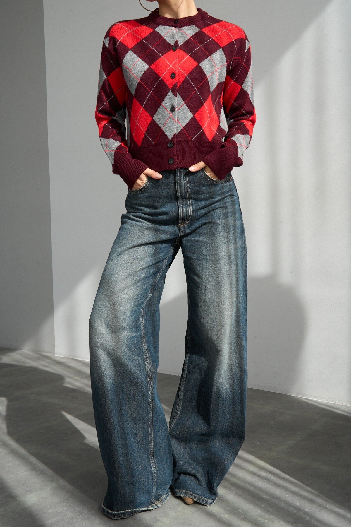 Burgundy-Red Argyle Cardigan