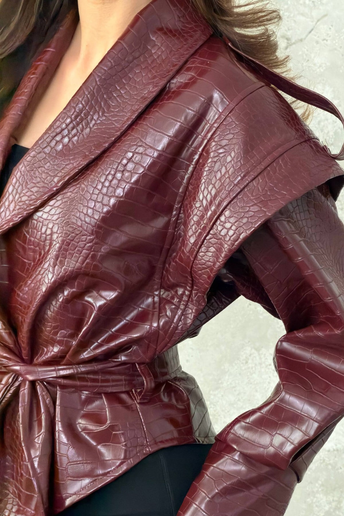 Bordo Kolları Allerli Deri Ceket
