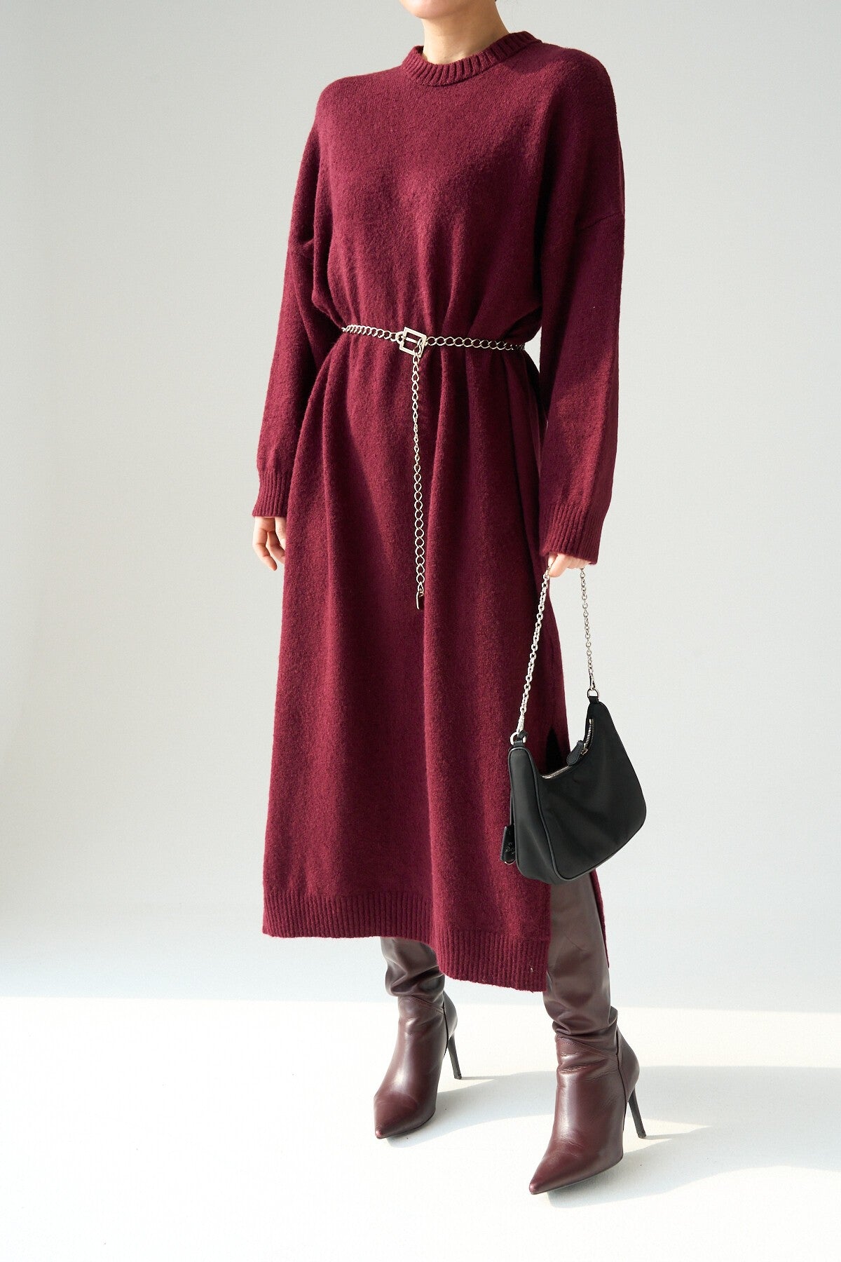 Burgundy Full-Length Knit Dress
