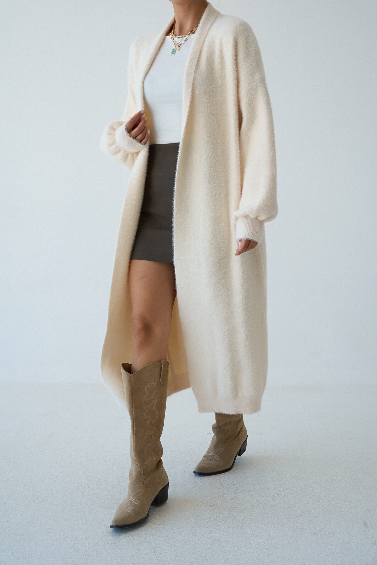 Cream Full-Length Knit Cardigan