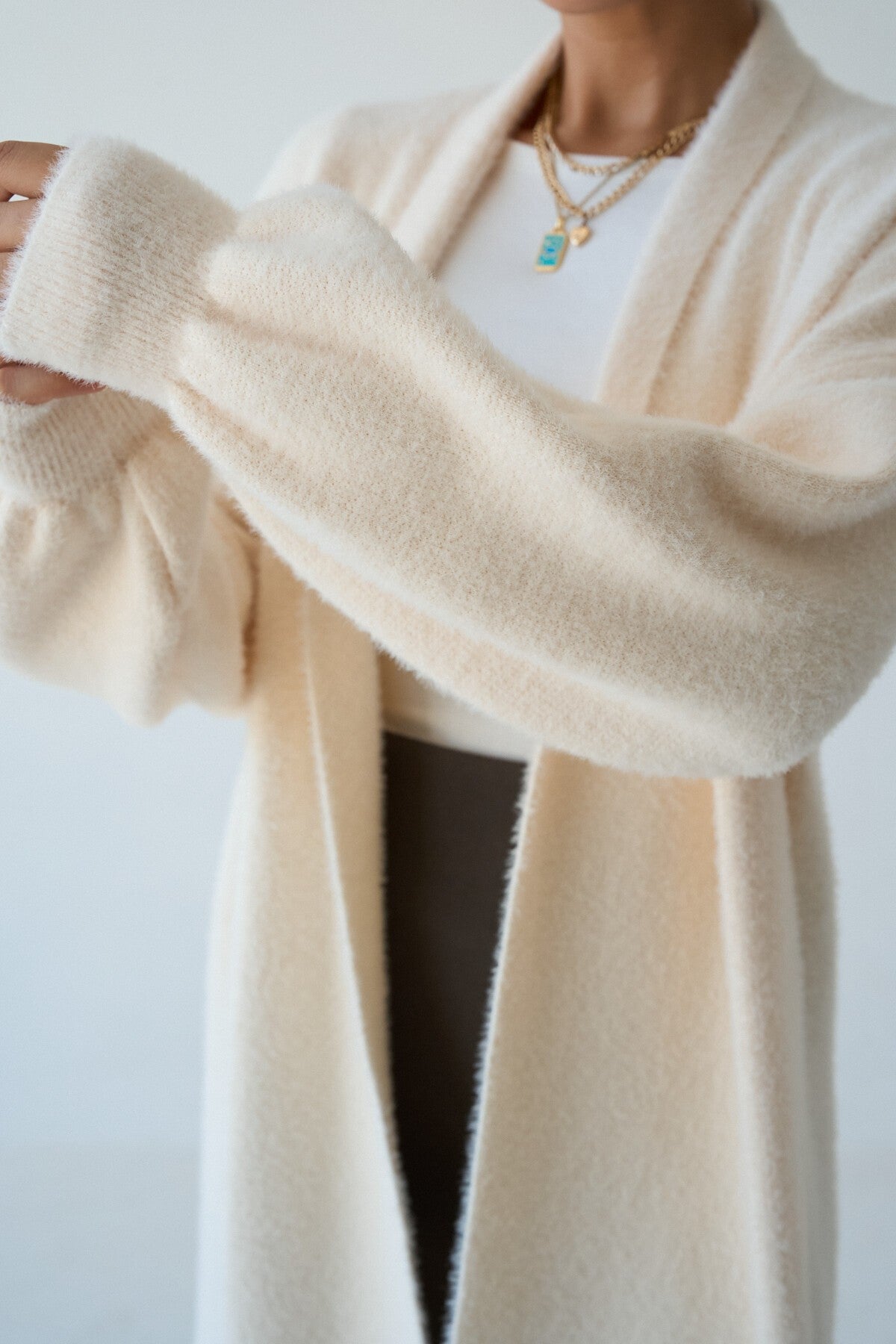 Cream Full-Length Knit Cardigan