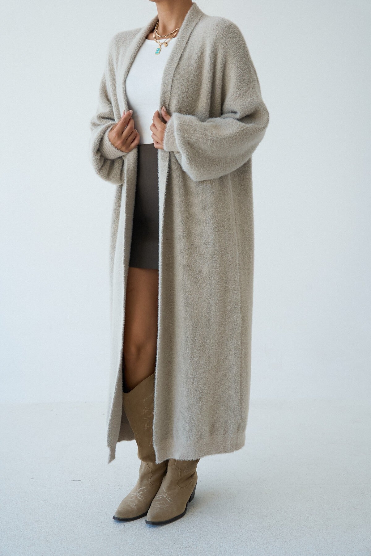 Stone-Colored Full-Length Knit Cardigan