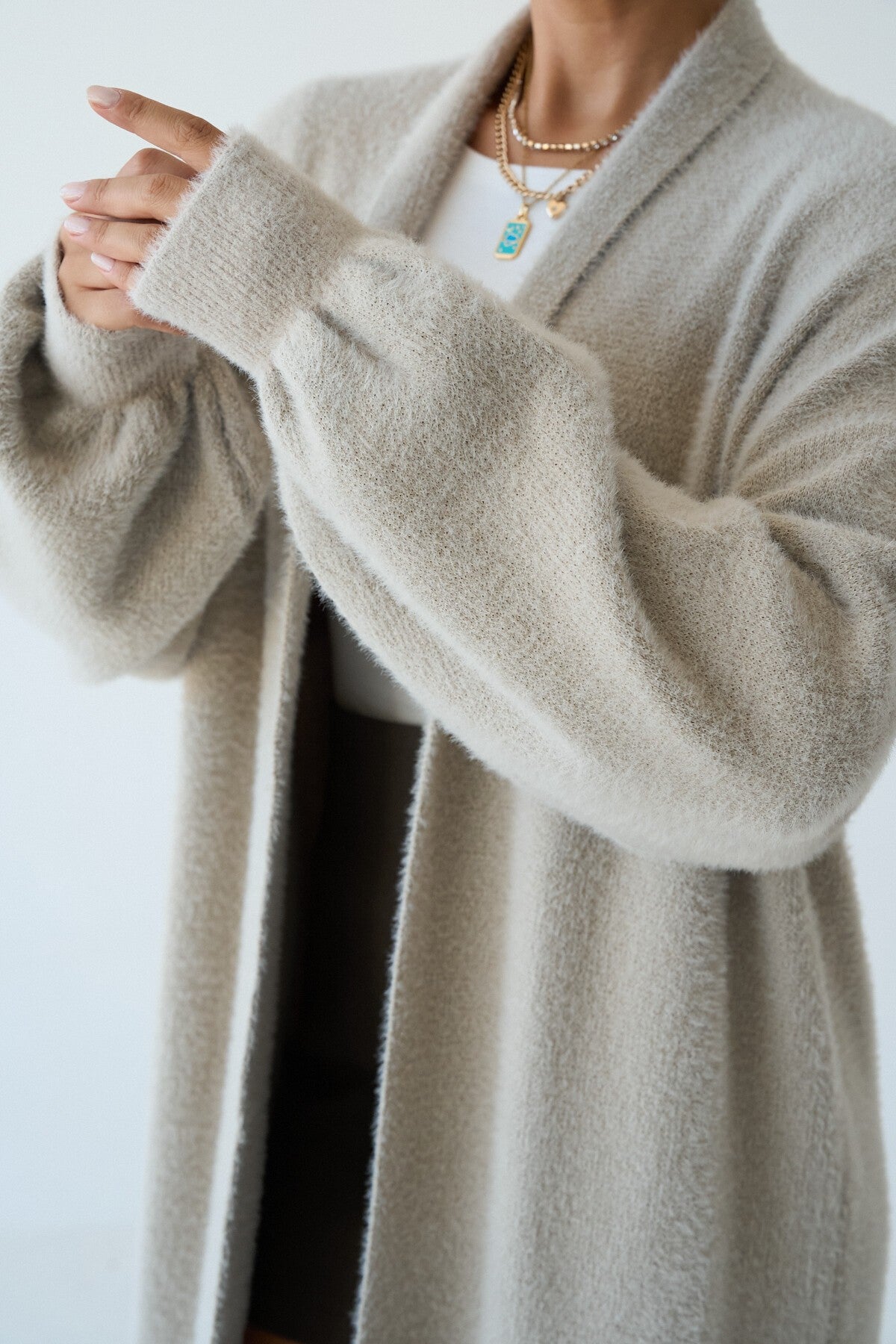 Stone-Colored Full-Length Knit Cardigan