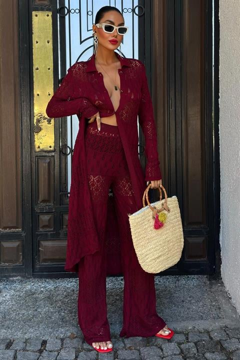 Bridget Ajurlu Uzun Hırka Takım 9881 BORDO STD