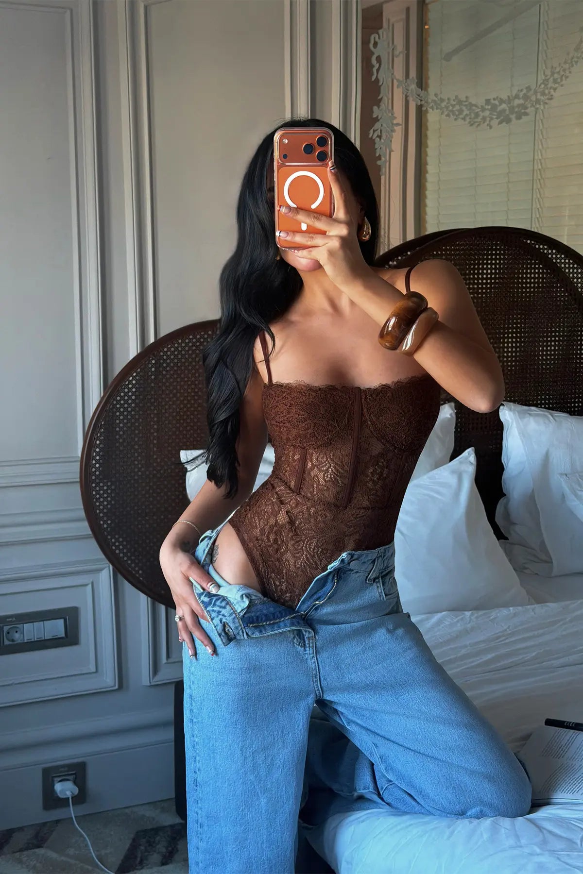 Kahverengi Brigitta Dantelli Bodysuit