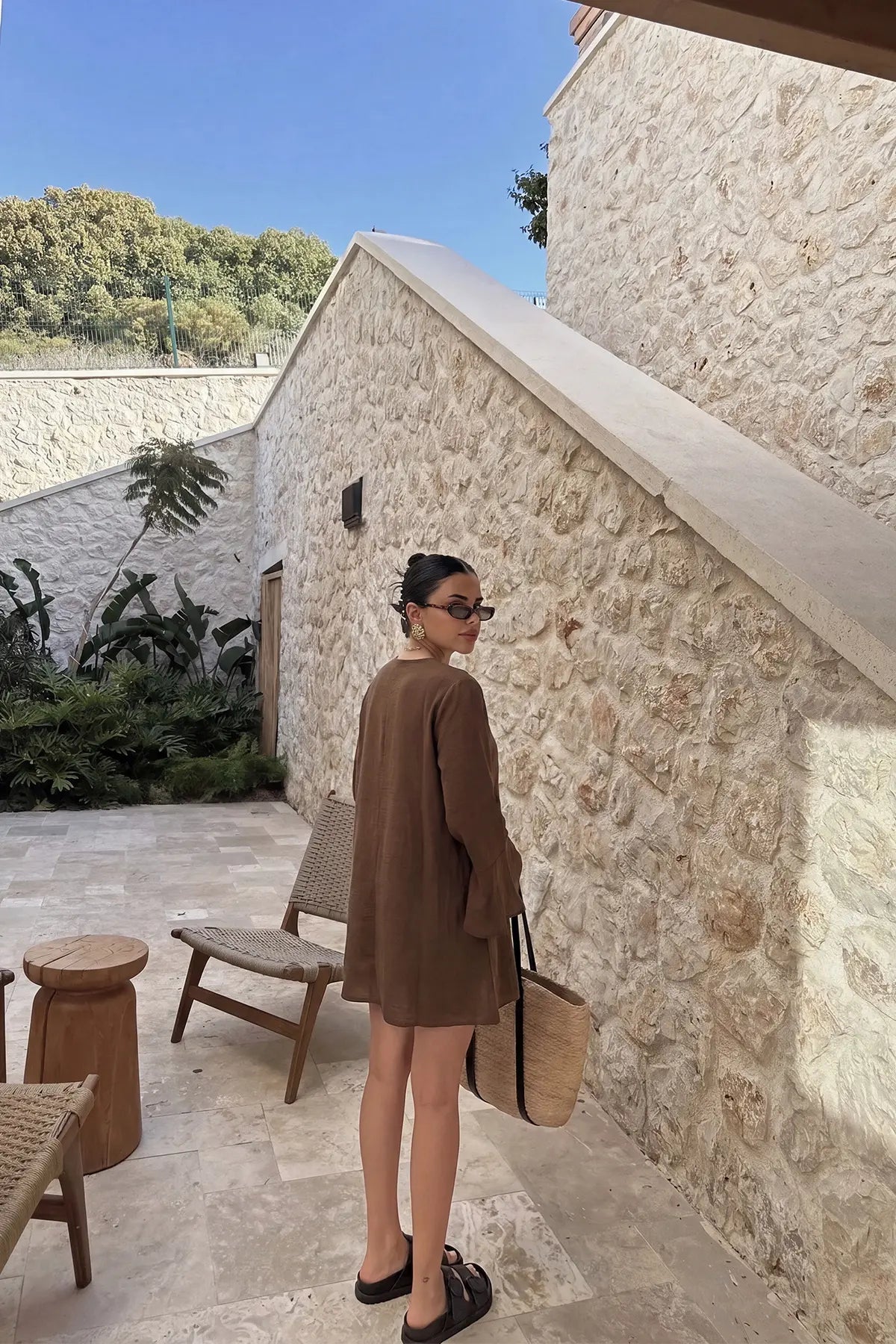 Kahverengi Uzun Kol Önden Bağlamalı Elbise
