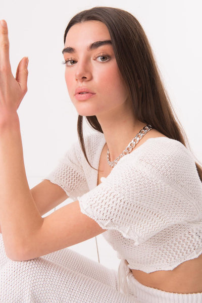 Short Sleeve Front Tie Knit Crop Top