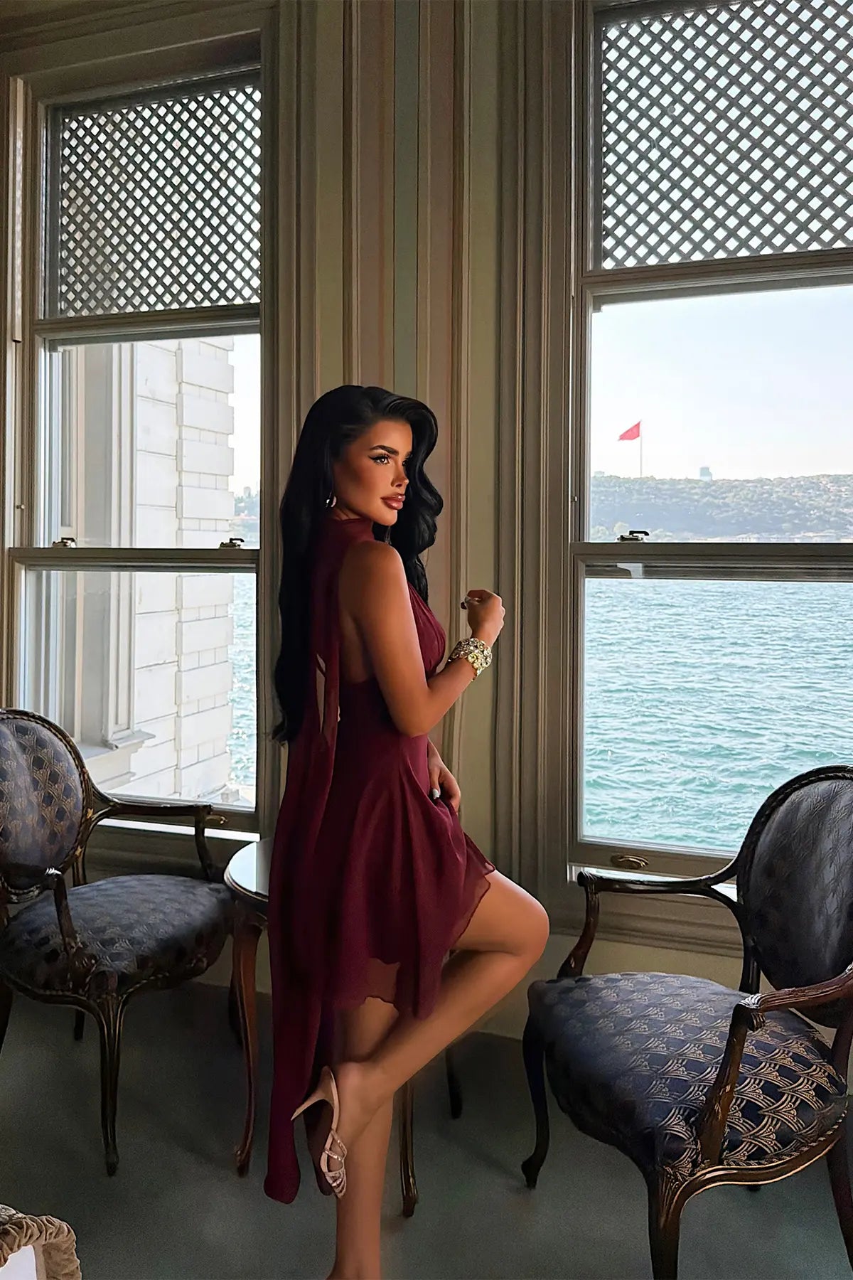 Bordo Şal Detay Elbise